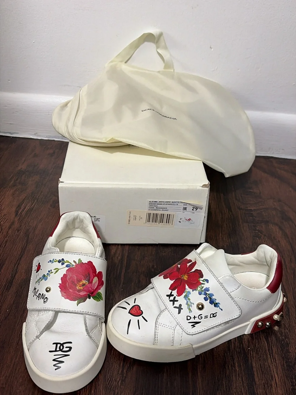 Dolce & Gabbana White Kids Floral Leather Velcro Sneakers with Red Accents